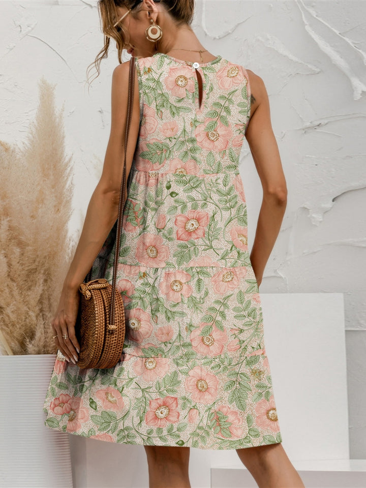 FAM-FAM Tiered Printed Round Neck Sleeveless Dress 