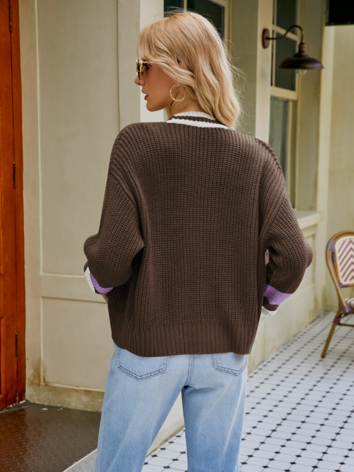 Contrast Button Up Dropped Shoulder Cardigan 