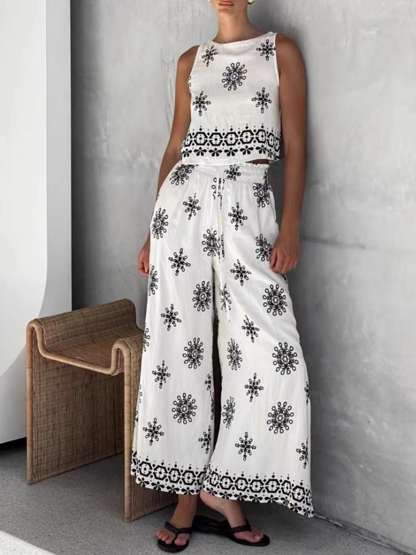 Printed Tank and Wide Leg Pants Set Two Piece Dresses