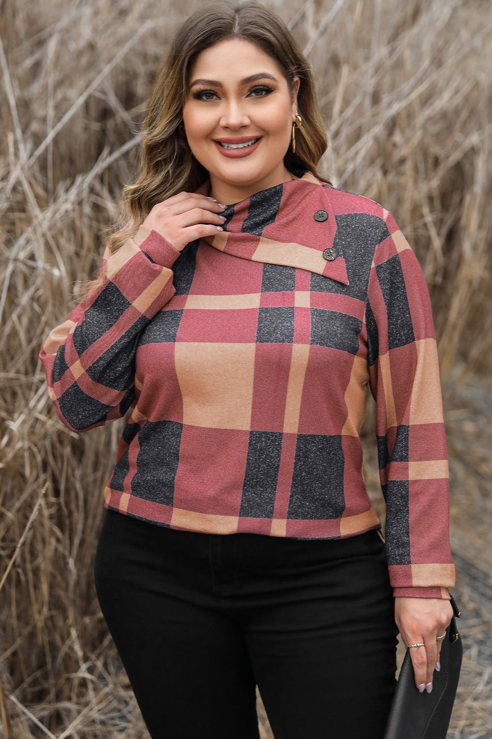Plus Size Plaid Cowl Neck Long Sleeve Sweatshirt 