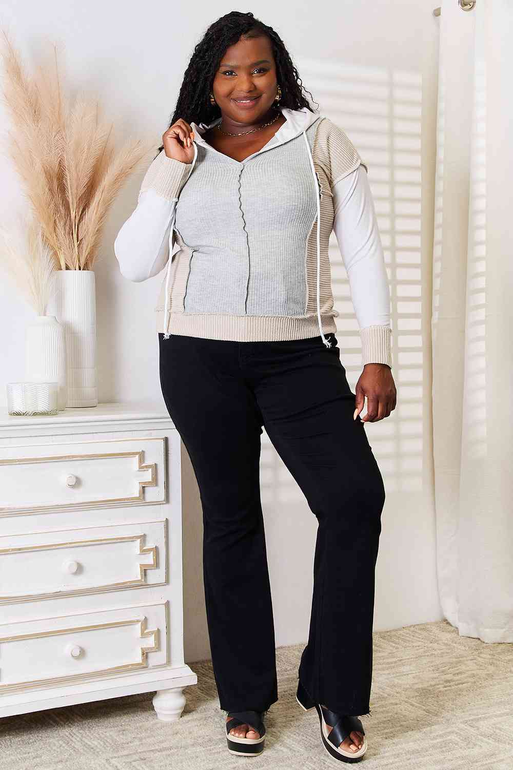 Double Take Color Block Exposed Seam Drawstring Hoodie 