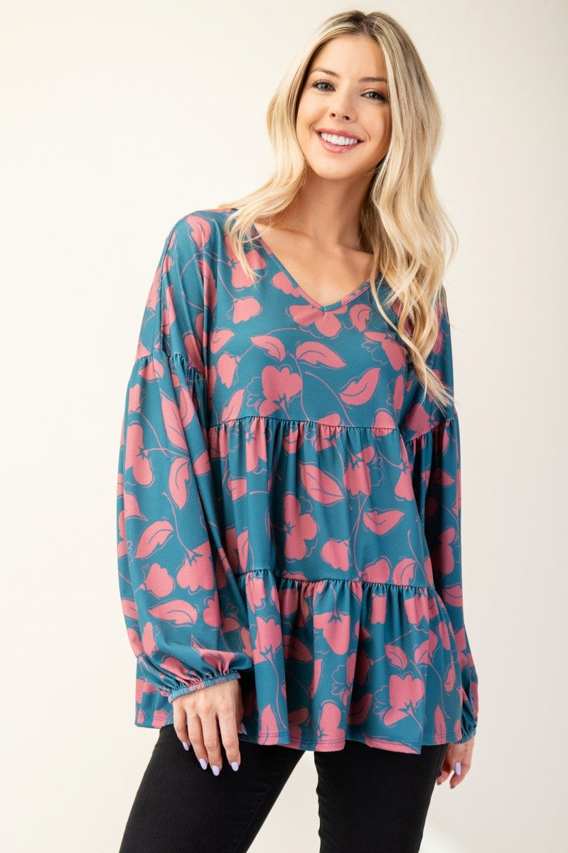 Celeste Full Size Tiered Floral V-Neck Long Sleeve Blouse 
