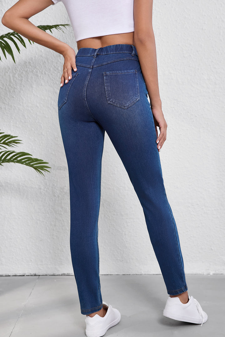 Ashleigh Blue Multiple Pockets Straight Leg Washed Stretchy Knit Casual Jeans Bottoms/Jeans