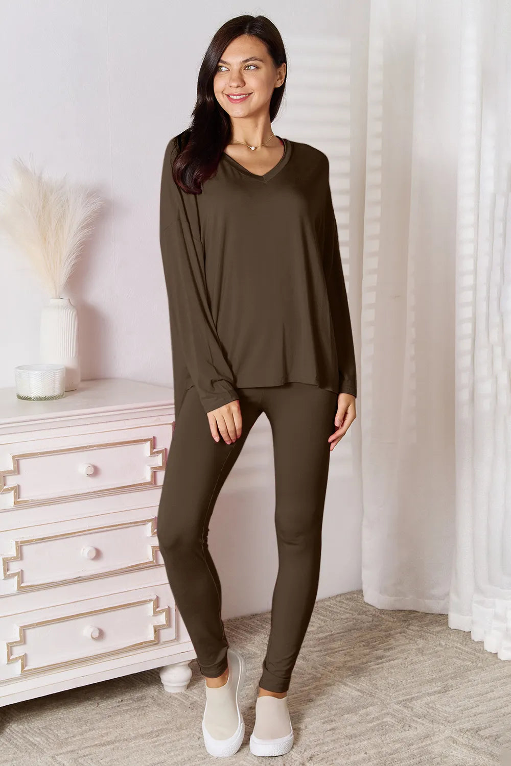 Basic Bae Bamboo Full Size V-Neck Long Sleeve Top and Pants Lounge Set 