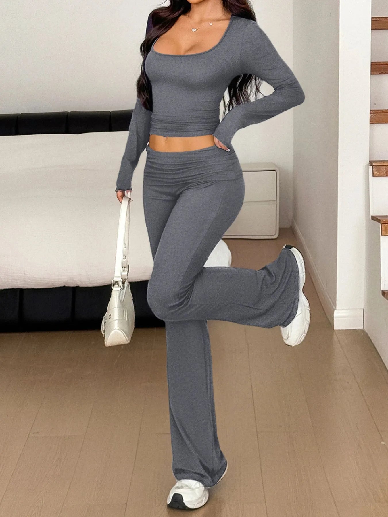 Long Sleeve Crop Top and Bootcut Pants Set Two Piece Dresses