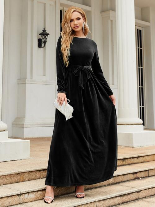 Tie Front Round Neck Long Sleeve Maxi Dress Dresses