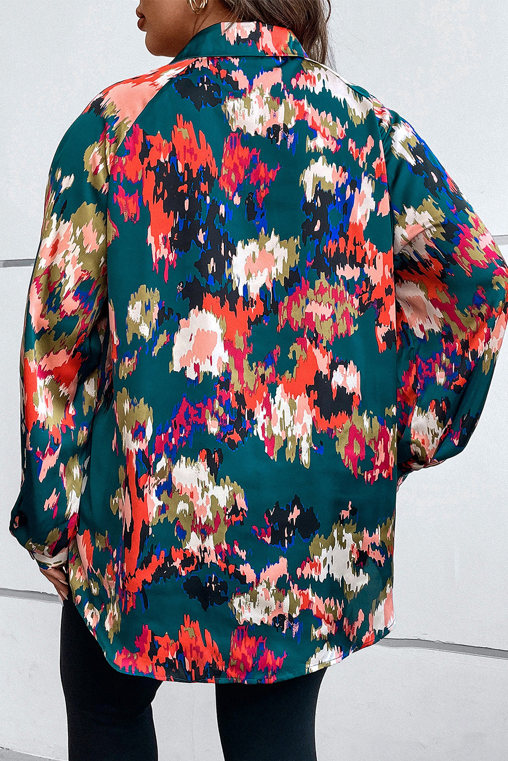 Plus Size Printed Johnny Collar Long Sleeve Blouse 