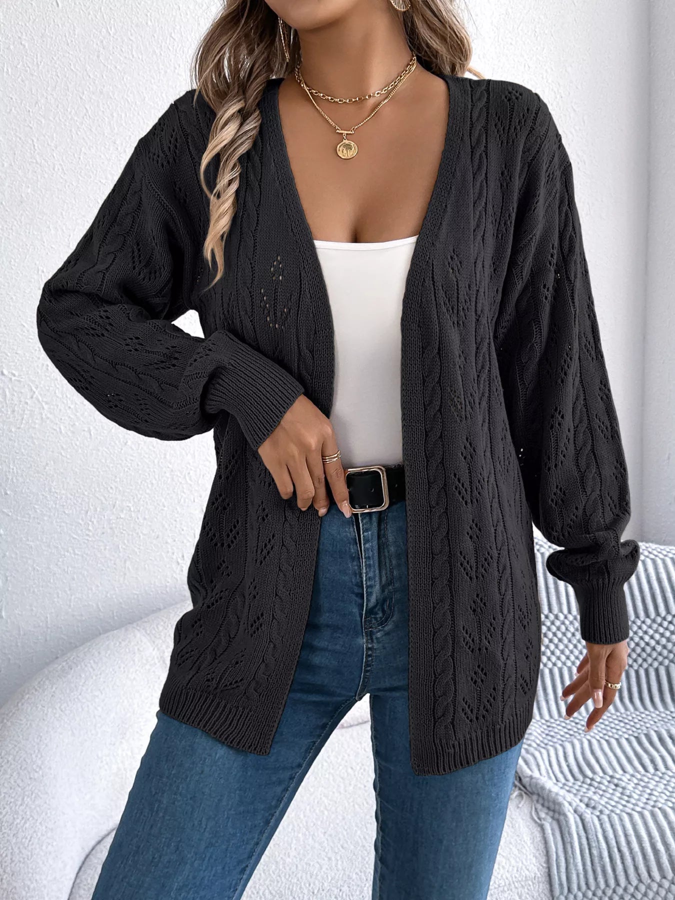 Openwork Open Front Long Sleeve Cardigan 