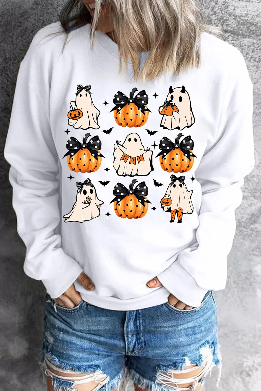 Pumpkin & Ghost Round Neck Long Sleeve Sweatshirt 