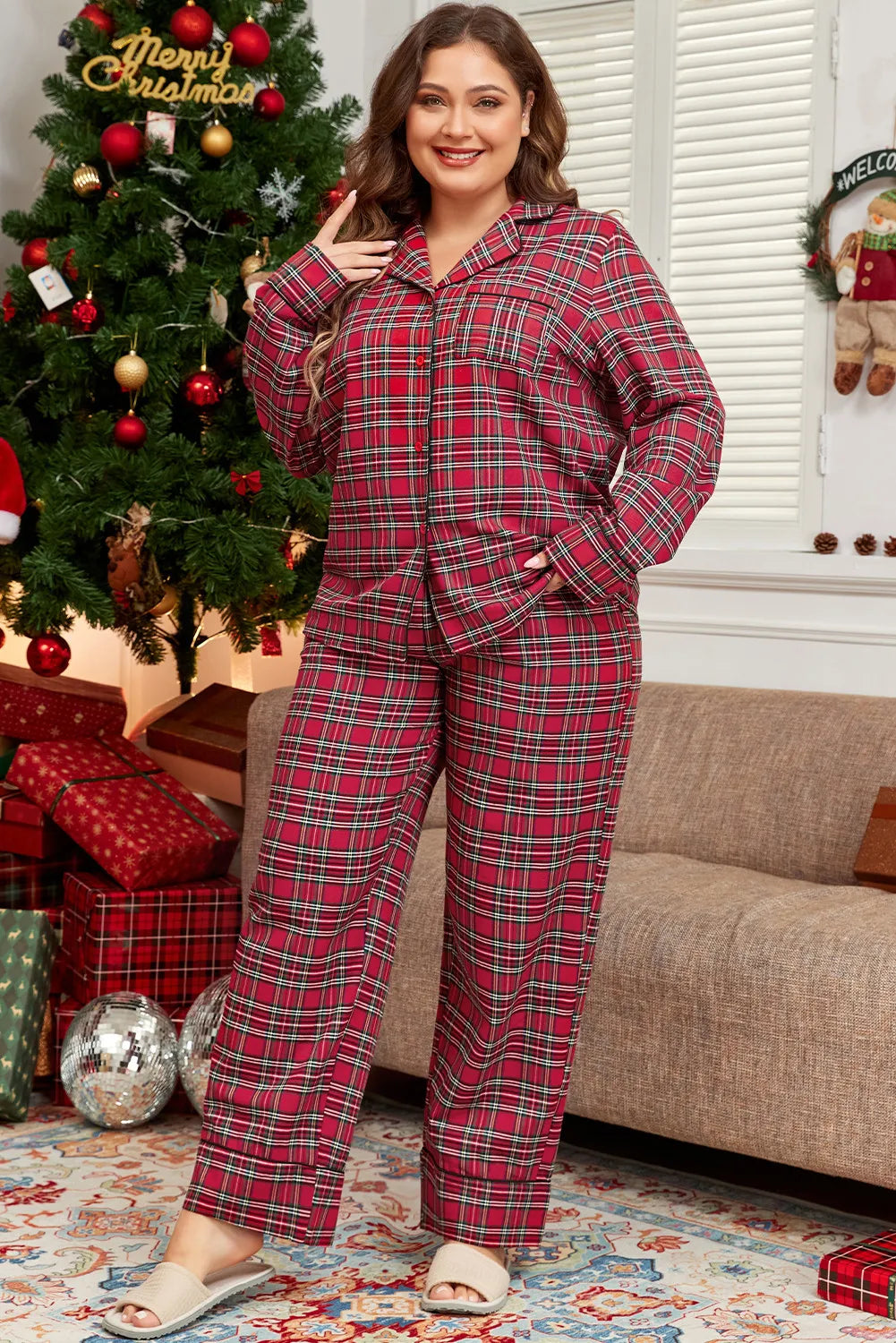 Plus Size Plaid Collared Neck Top and Pants Lounge Set 