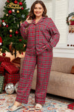 Plus Size Plaid Collared Neck Top and Pants Lounge Set 