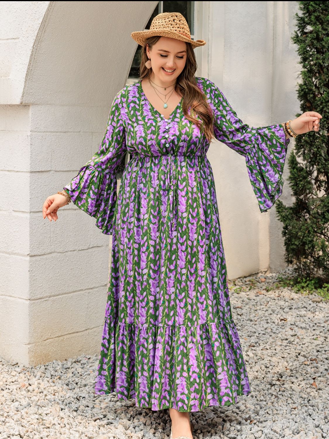 Plus Size Printed V-Neck Long Sleeve Maxi Dress 