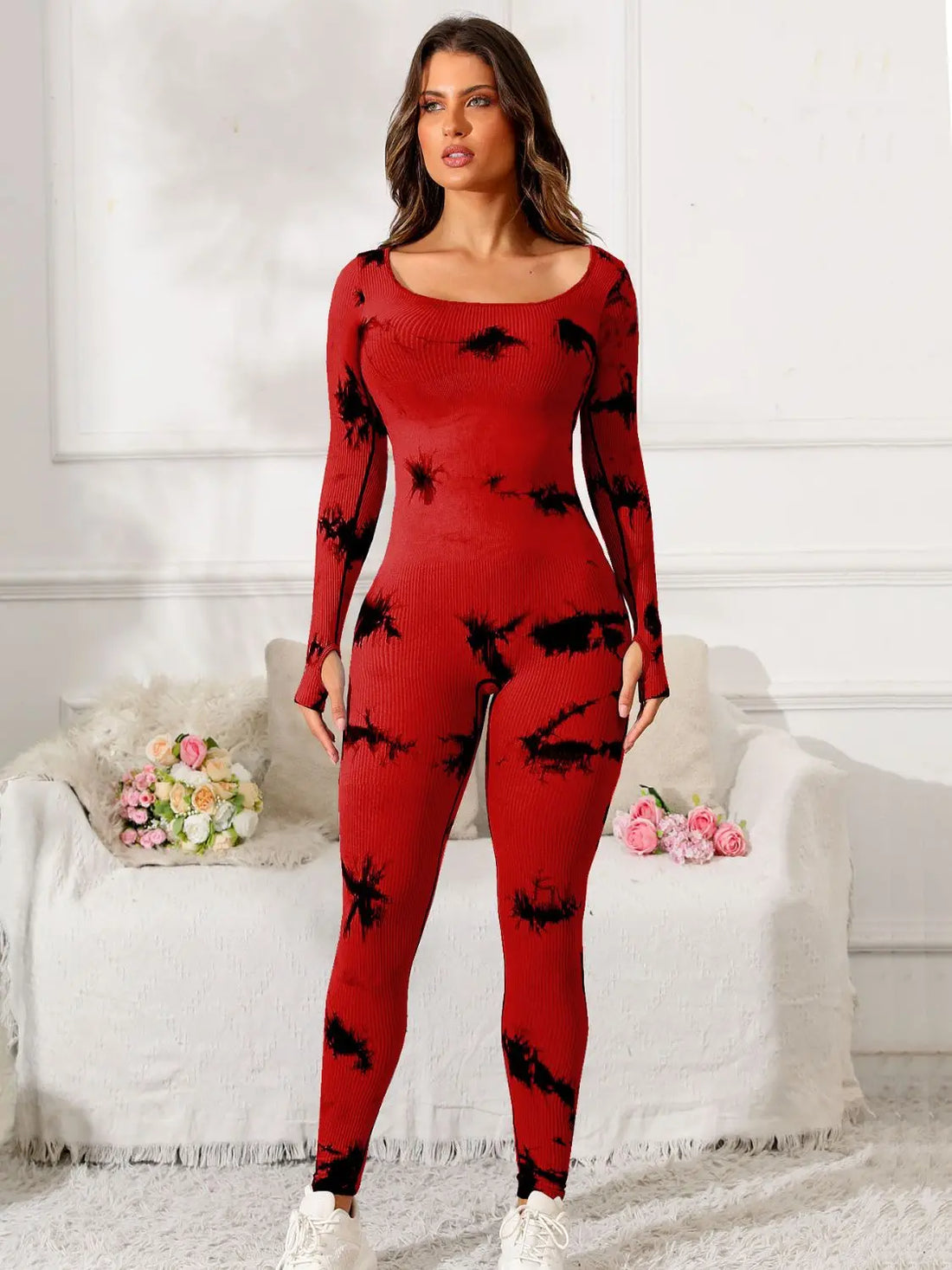 Scoop Neck Long Sleeve Active Jumpsuit 