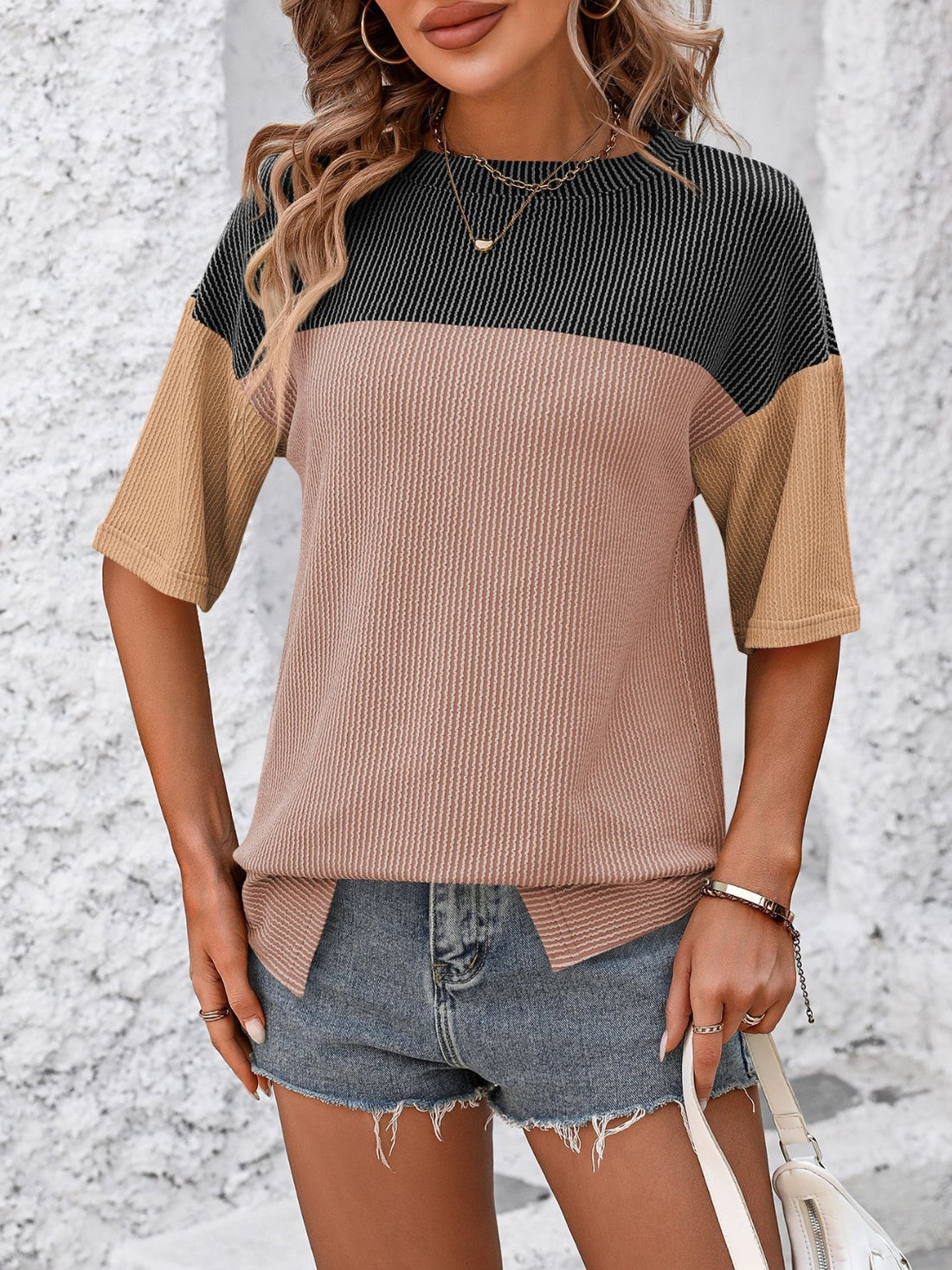 Mandy Color Block Round Neck Half Sleeve T-Shirt 