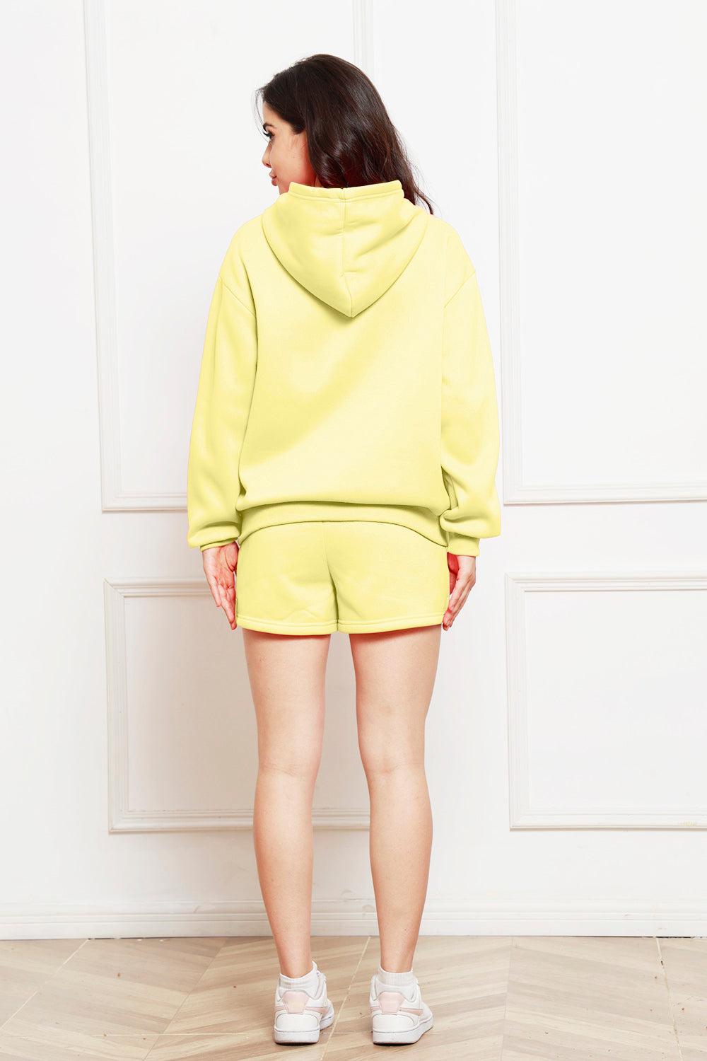 Drop Shoulder Long Sleeve Hoodie and Shorts Set 