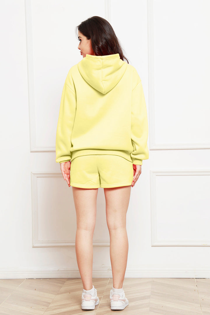 Drop Shoulder Long Sleeve Hoodie and Shorts Set 