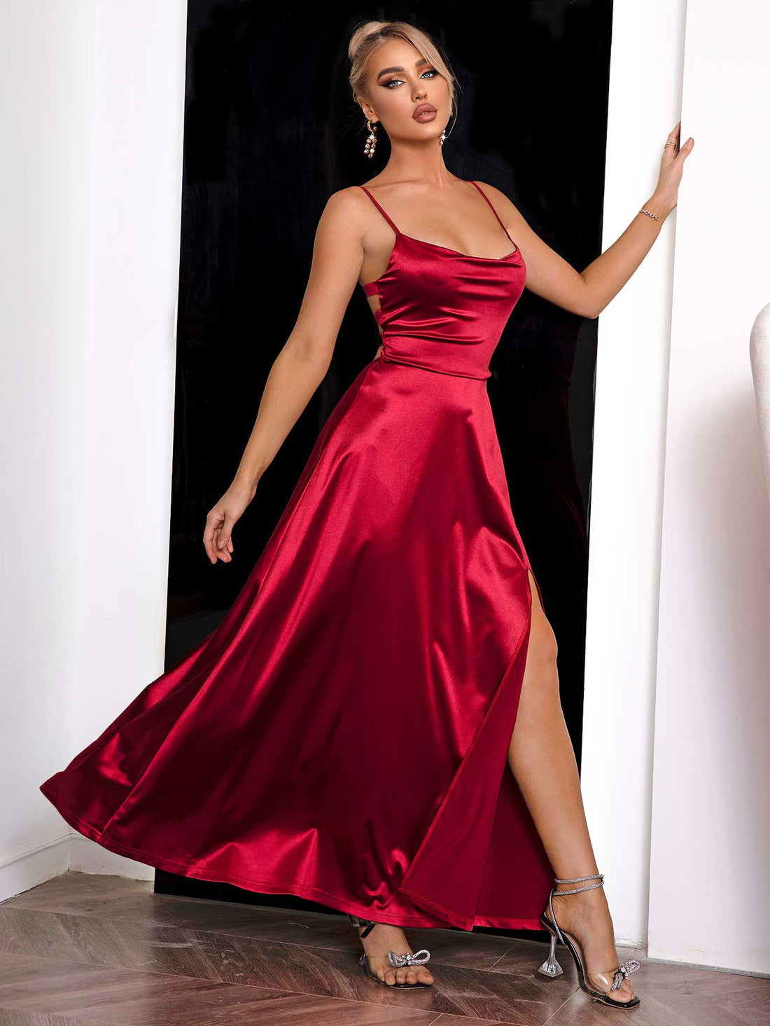 Spaghetti Strap Lace-Up Back Split Dress dress