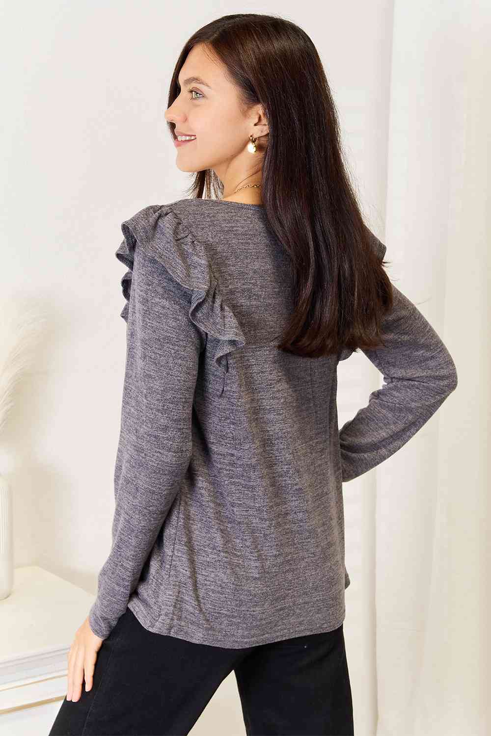 Double Take Square Neck Ruffle Shoulder Long Sleeve T-Shirt 