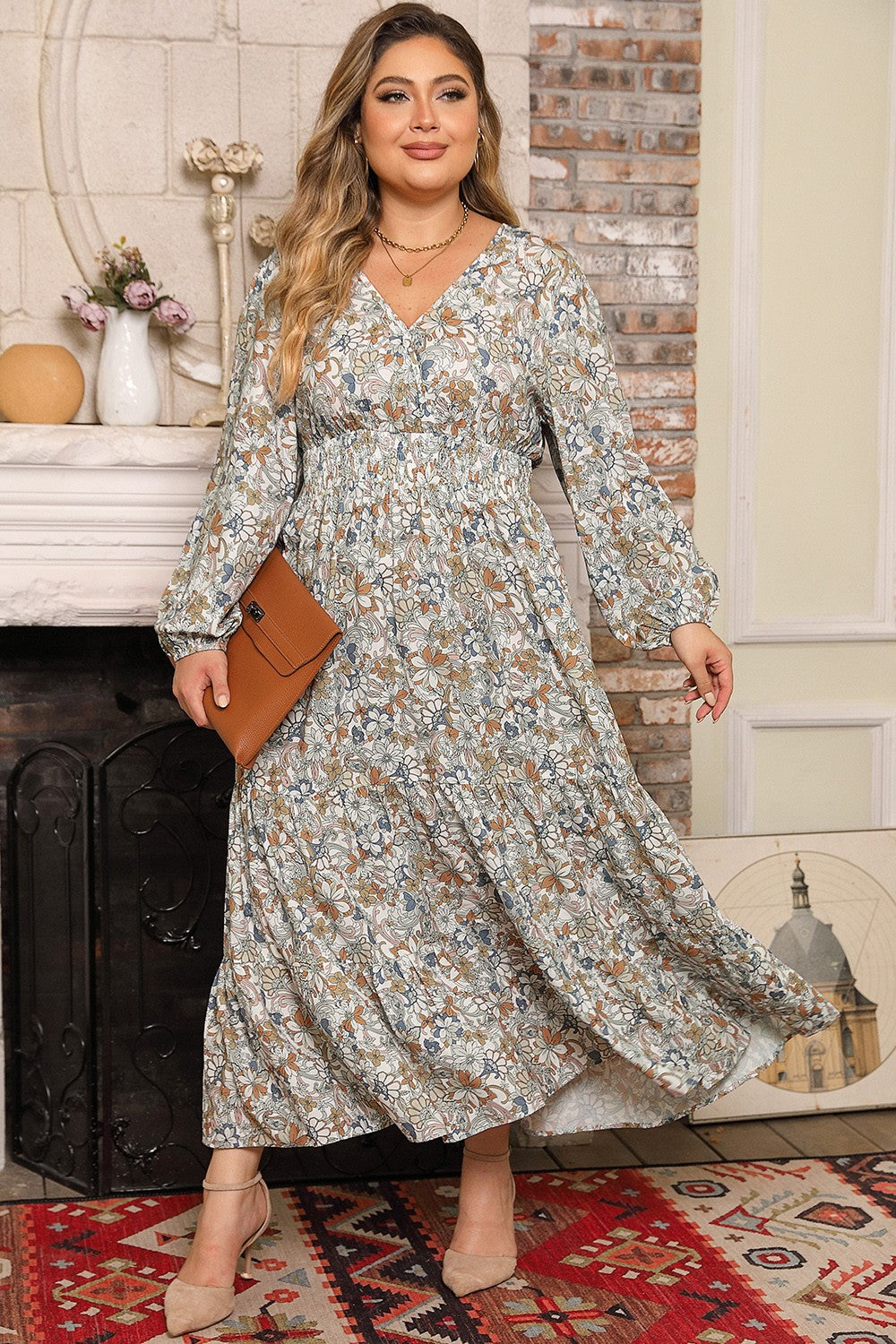 Plus Size Printed Balloon Sleeve Ruffle Hem Dress 