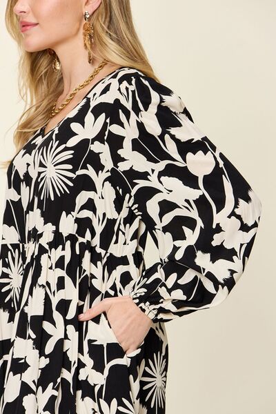 Double Take Full Size Printed Ruffle Hem Dress with Pocket 