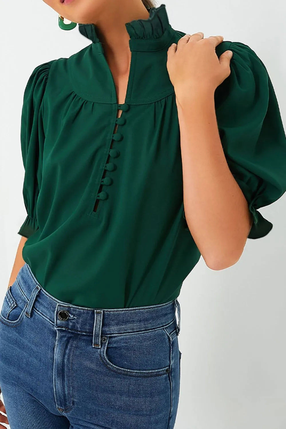 Puff Sleeve Frilled Trim Elegant Blouse 