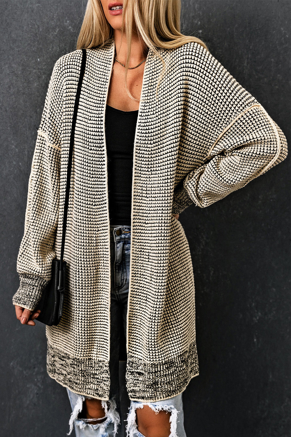 Gray Plaid Knitted Long Open Front Cardigan Sweaters & Cardigans/Cardigans
