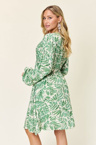 Double Take Full Size Printed Ruched Balloon Sleeve Dress 