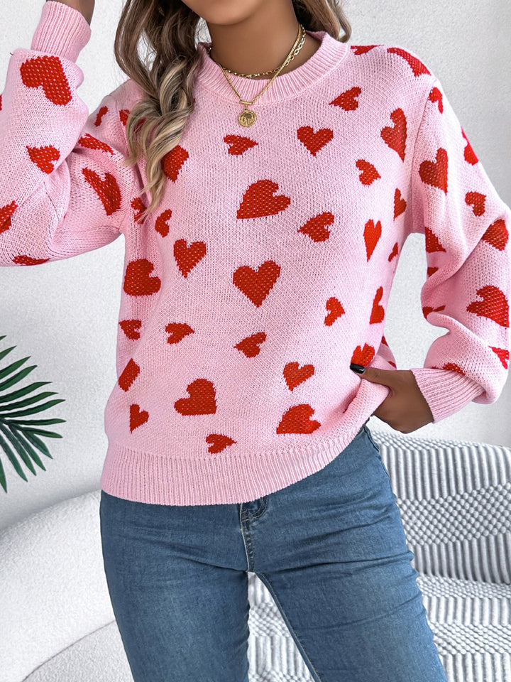 Heart Round Neck Long Sleeve Sweater 