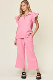 Double Take Texture Ruffle Short Sleeve Top and Drawstring Wide Leg Pants Set 