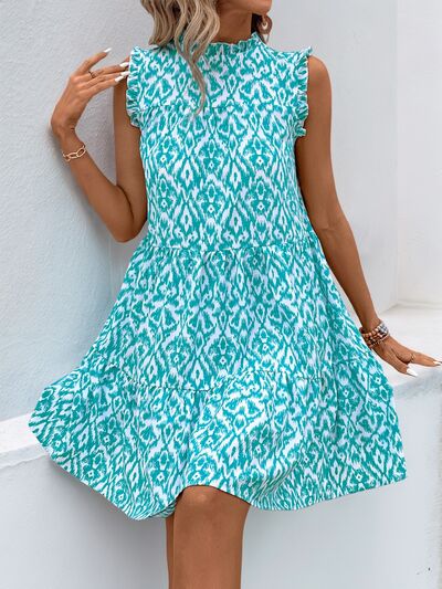 Perfee Printed Frill Sleeveless Mini Dress Dresses