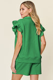 Double Take Full Size Texture Flounce Sleeve Top and Drawstring Shorts Set 