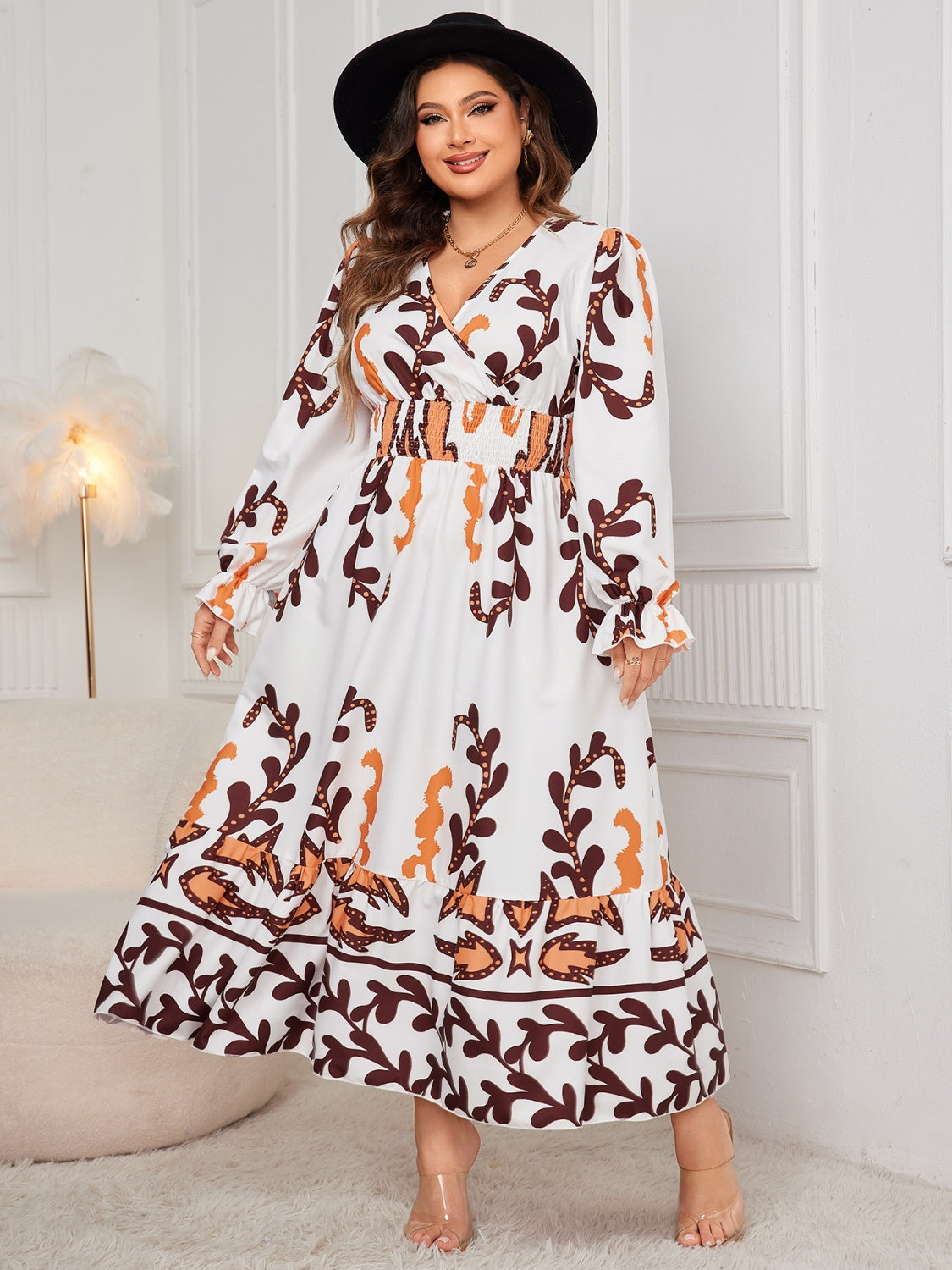 Honey Plus Size Printed Surplice Flounce Sleeve Dress 