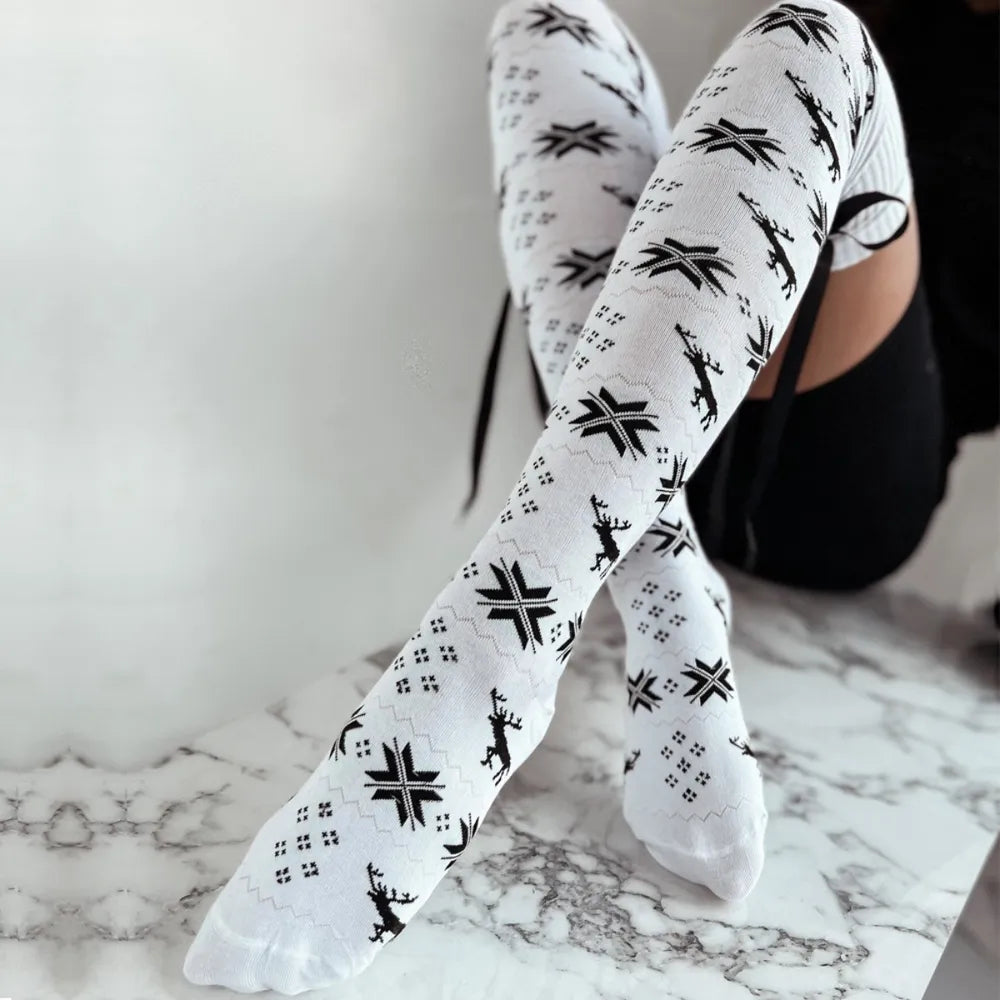 Christmas Element Bowknot Ribbed Trim Over Knee Stockings Lingerie & Nightwear
