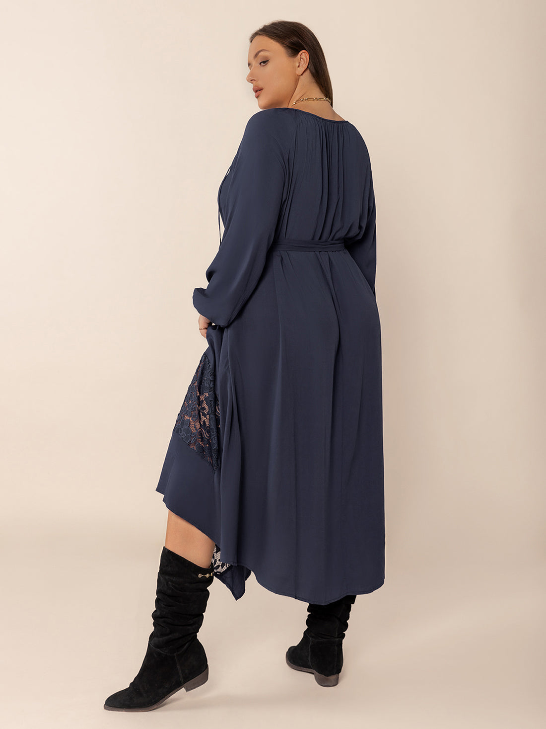 Plus Size Lace Detail Tie Neck Long Sleeve Midi Dress 