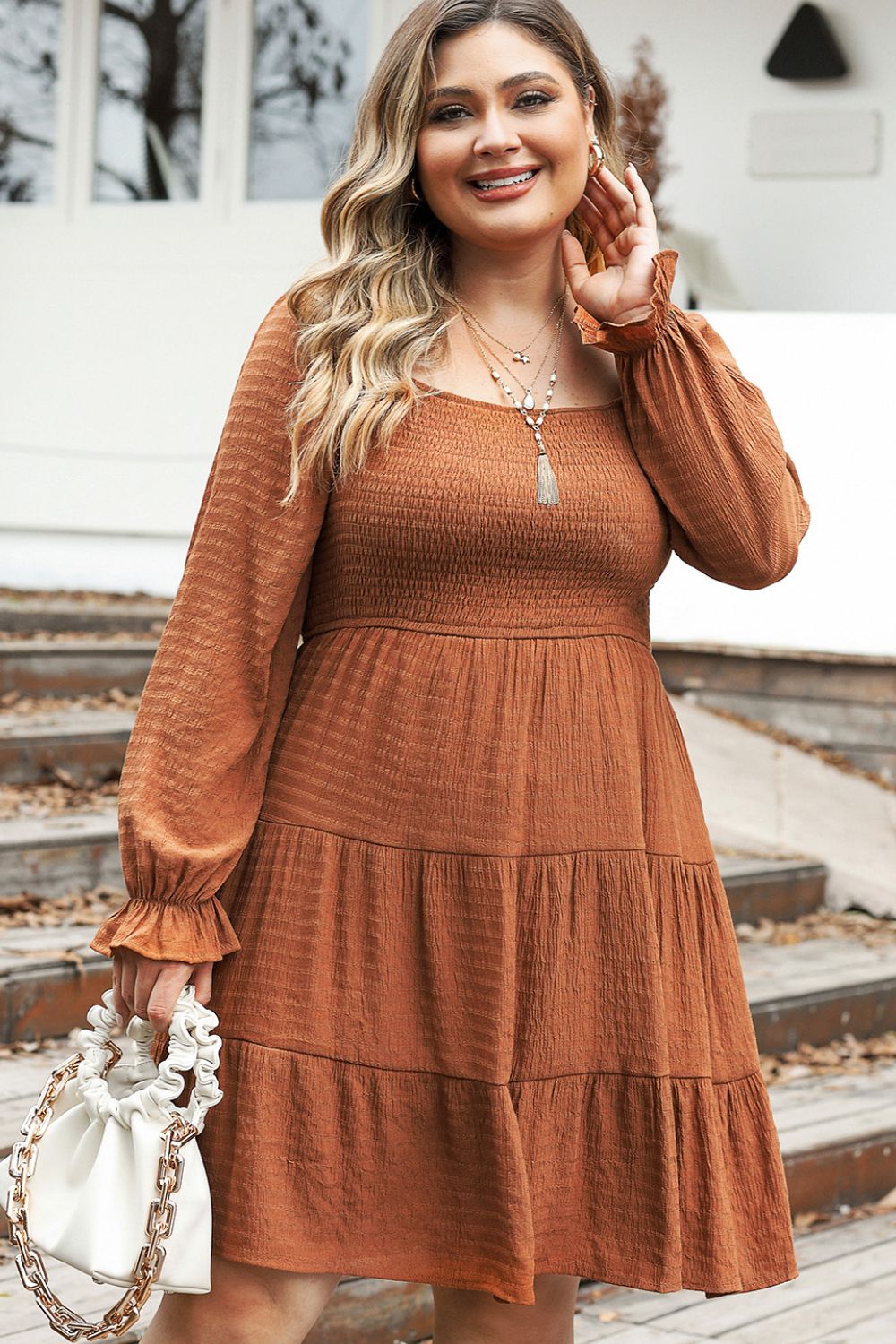 Plus Size Smocked Square Neck Tiered Dress 