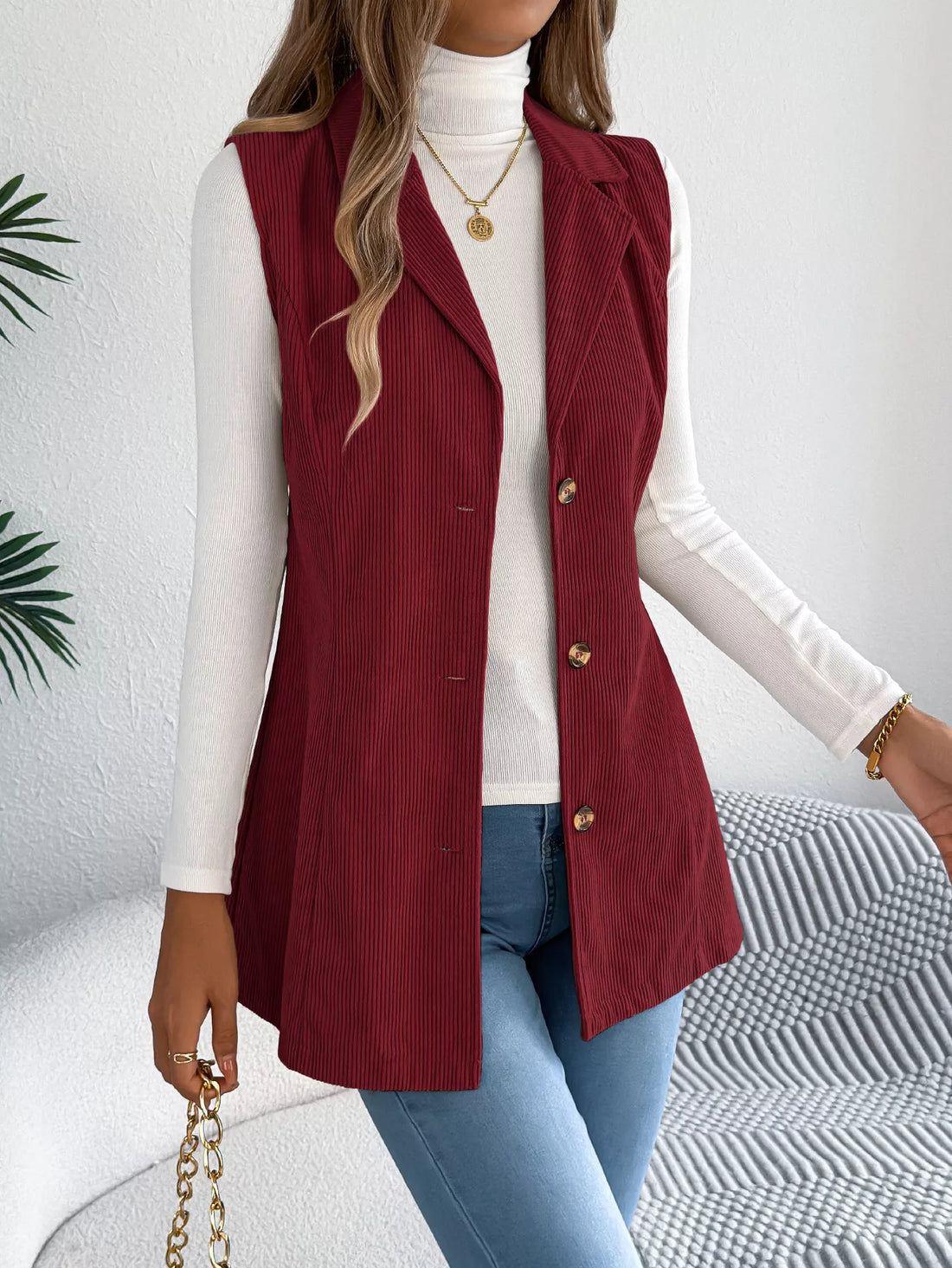 Button-Front Longline Vest Coat 