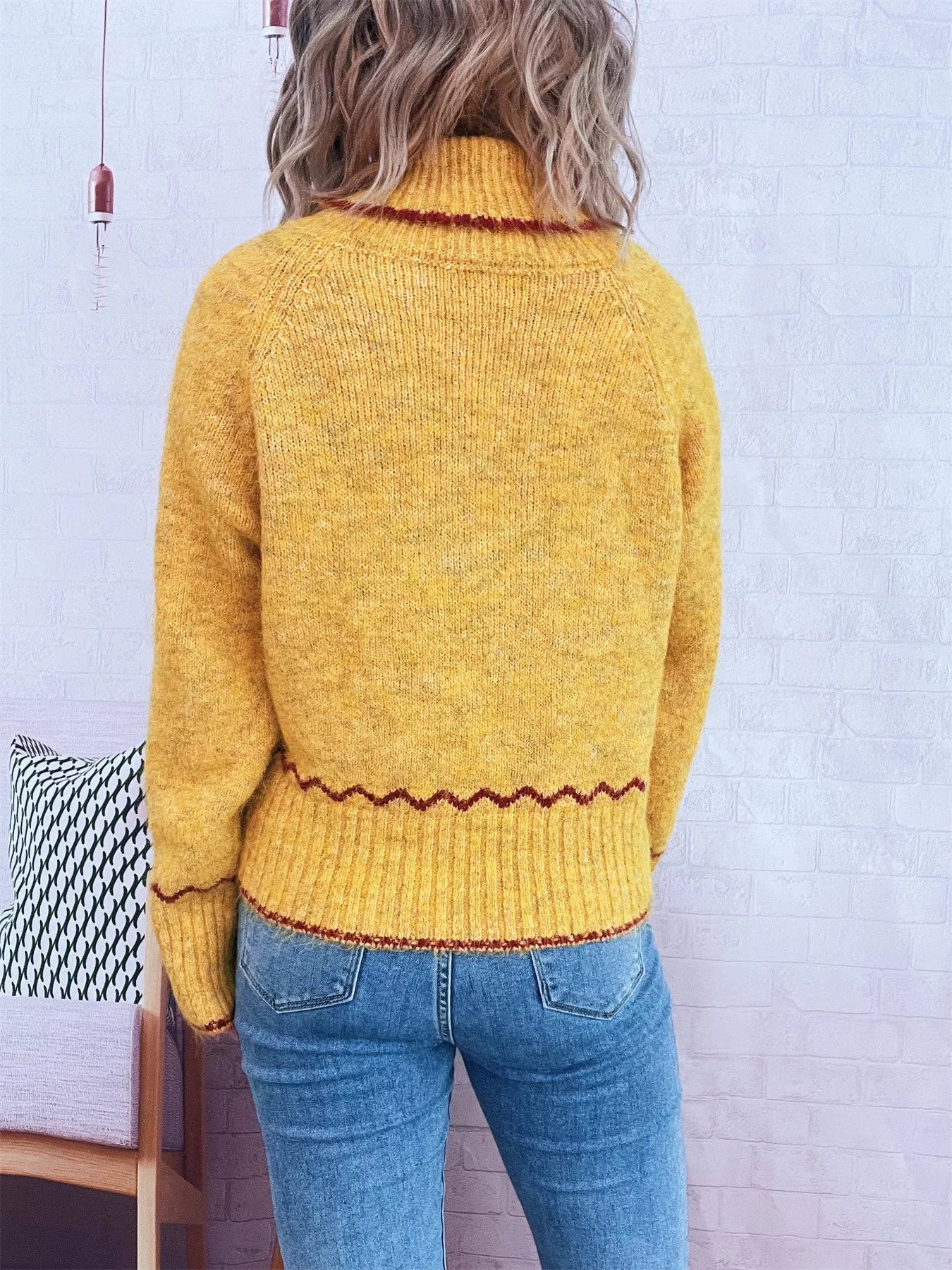 Ribbed Contrast Trim Long Sleeve Sweater 