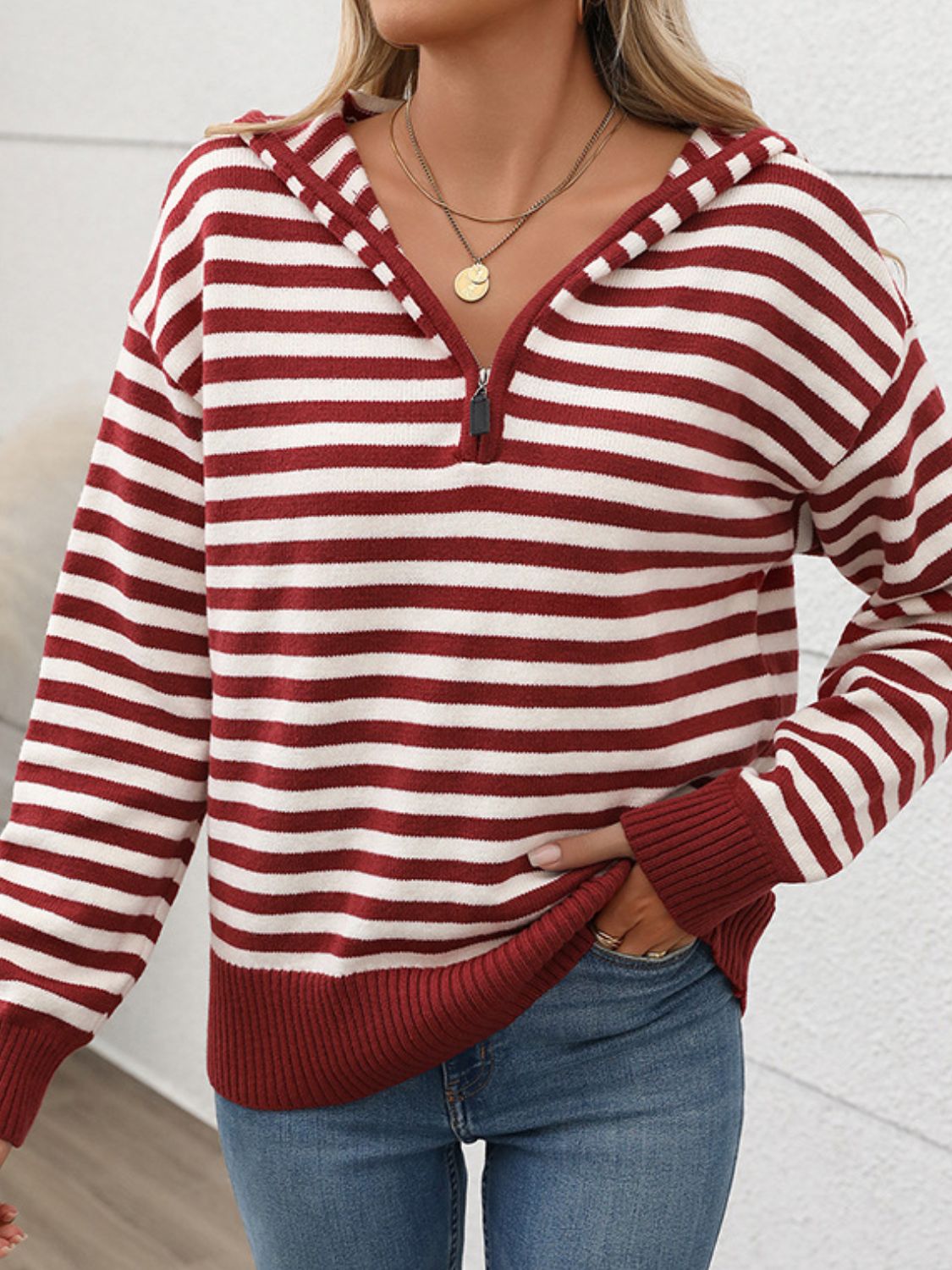 Perfee Striped Long Sleeve Hooded Sweater 