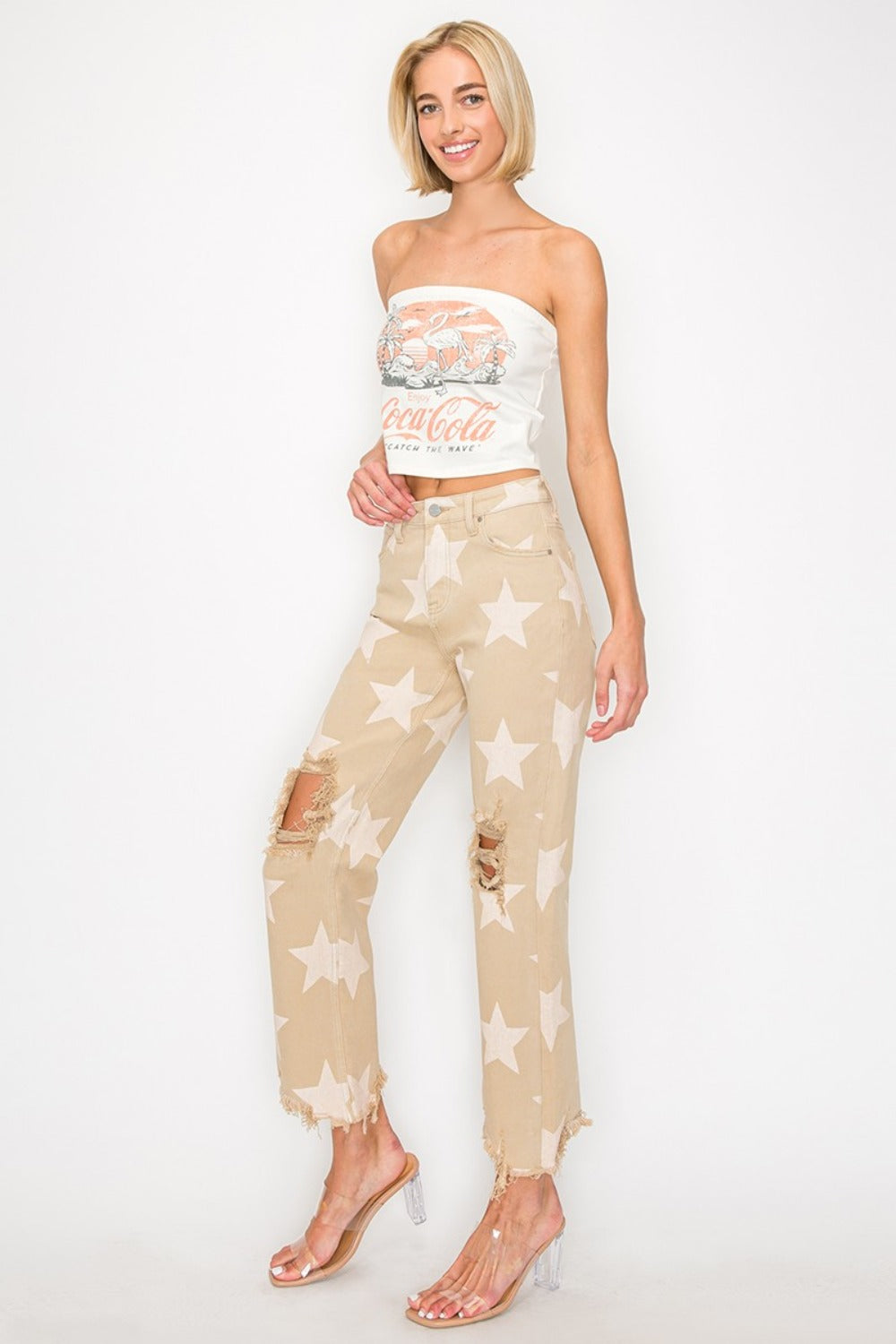 RISEN Full Size High Rise Star Printed Frayed Hem Jeans 