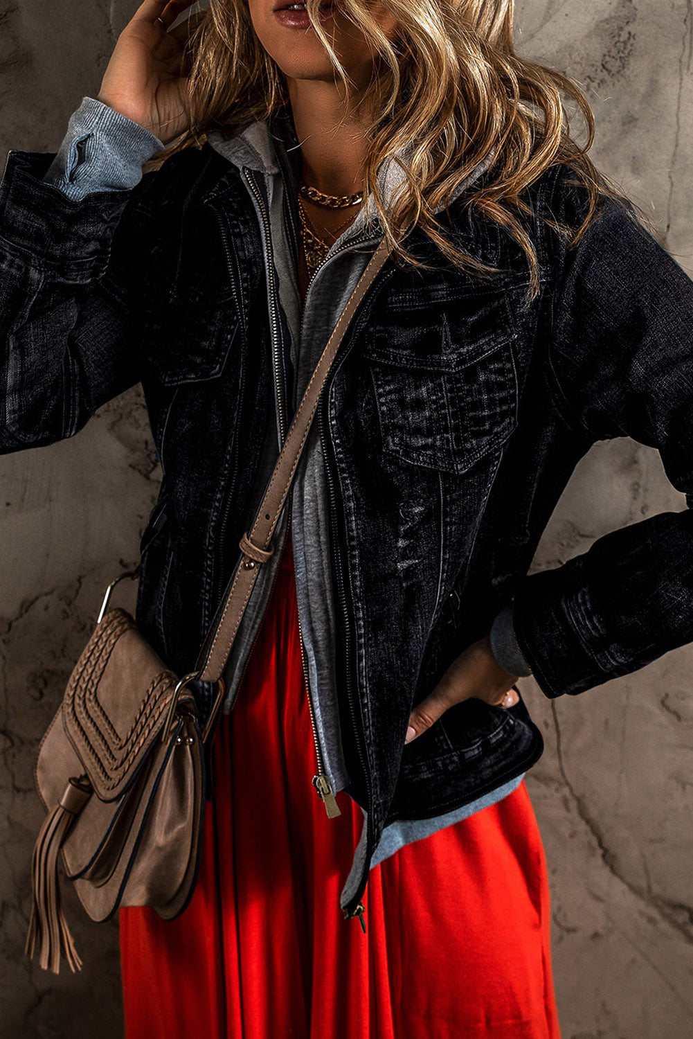 Black Fake Two-Piece Hooded Zip-Up Denim Jacket Outerwear/Denim jackets