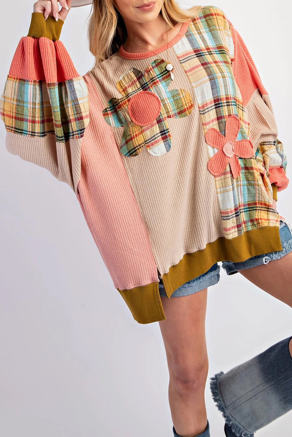 Multicolour Waffle Knit Plaid Patchwork Side Slits Loose Sweatshirt Tops/Sweatshirts & Hoodies