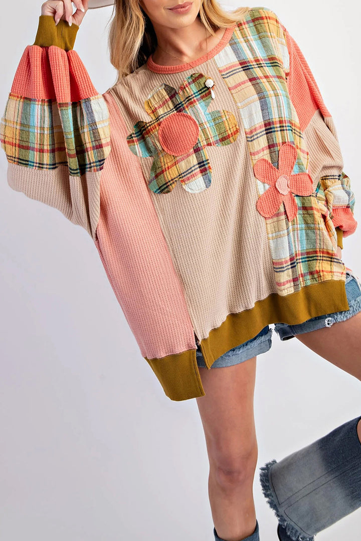 Multicolour Waffle Knit Plaid Patchwork Side Slits Loose Sweatshirt Tops/Sweatshirts & Hoodies