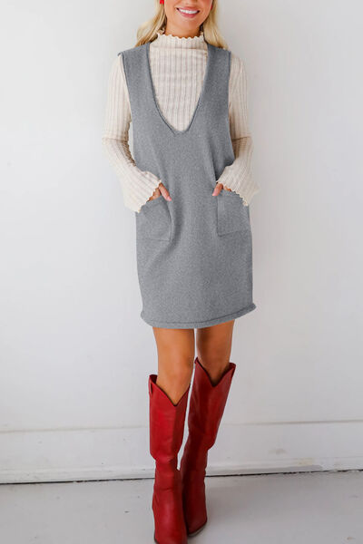 Lovelet Pocketed V-Neck Mini Sweater Overall Dress Dresses
