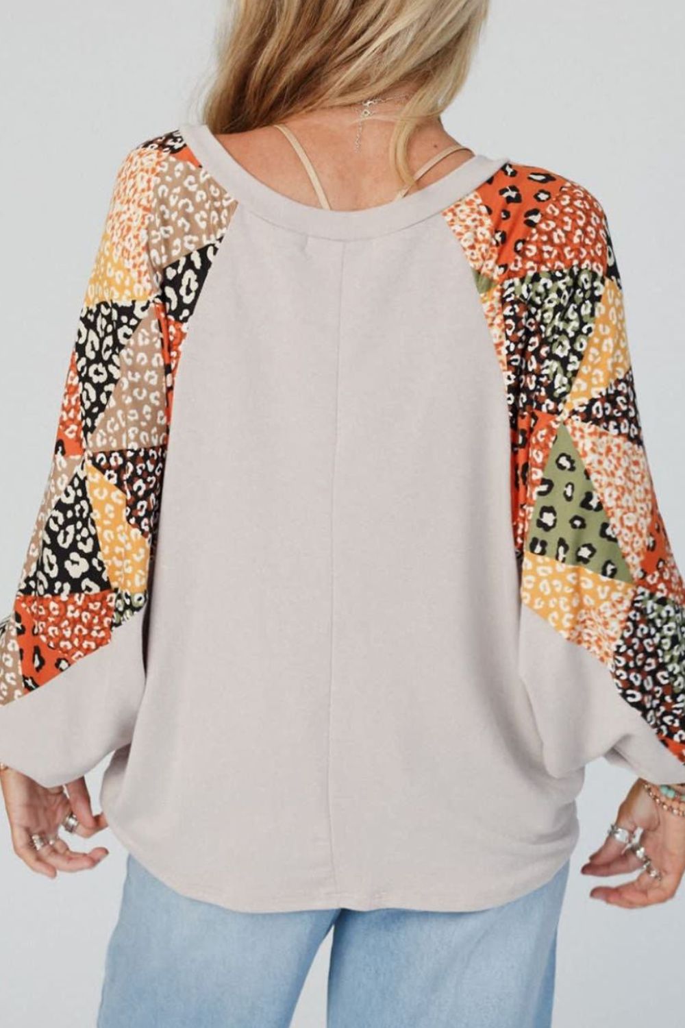 Leopard Contrast V-Neck Long Sleeve Blouse 