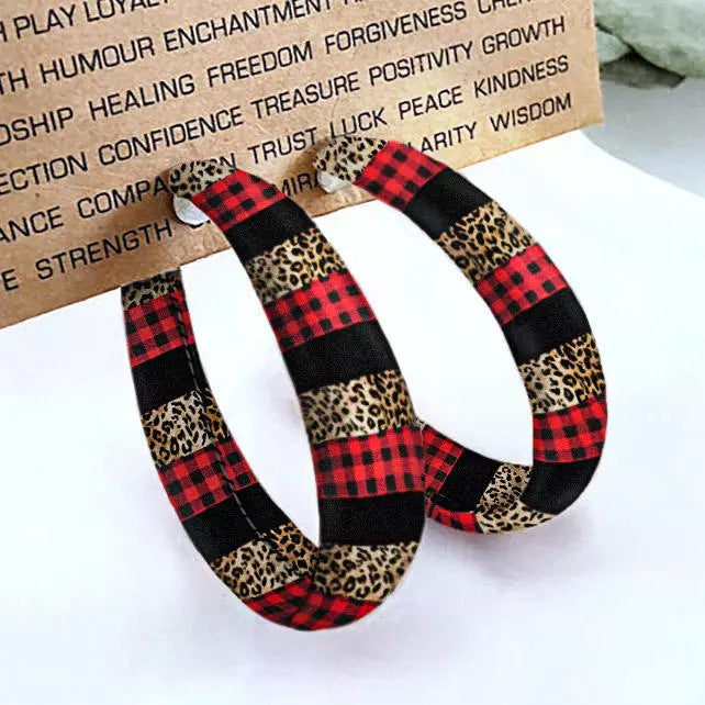 Plaid PU Leather Hoop Earrings 