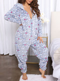 Printed Zip Up Long Sleeve Hooded Lounge Jumpsuit 