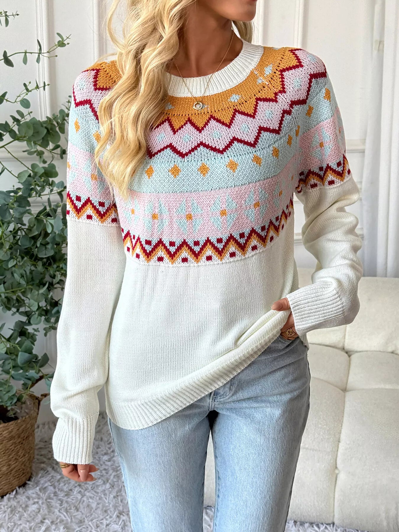 Contrast Round Neck Long Sleeve Sweater 