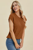 Double Take Full Size Cable-Knit Round Neck Cap Sleeve Sweater 