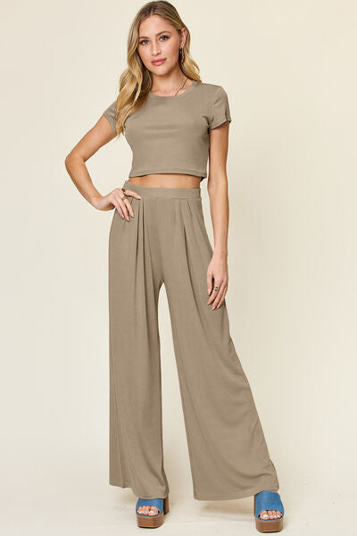 Double Take Full Size Round Neck Top and Pants Set 