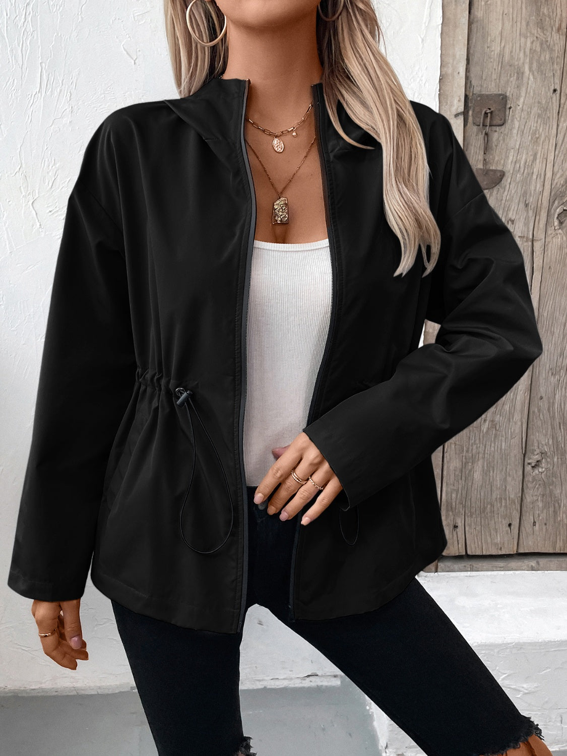 Ivy Lane Drawstring Zip Up Hooded Jacket 
